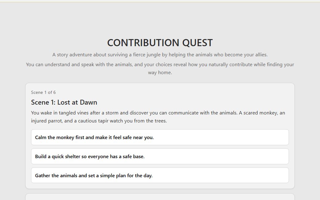 Contribution Quest story scene with three choices