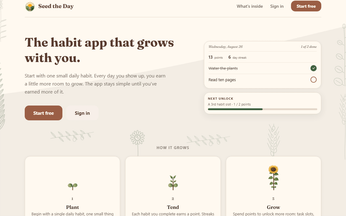 Seed the Day habit app homepage